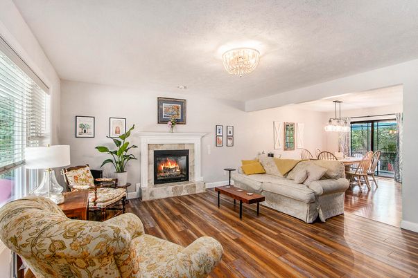 Chandelier, Dining room, Fireplace, Interior, Living room, Pendant Lights, Wood Texture Flooring