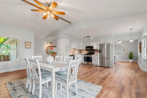 Dining room, Interior, Kitchen, Pendant Lights, Stainless Steel Appliances, Wood Texture Flooring