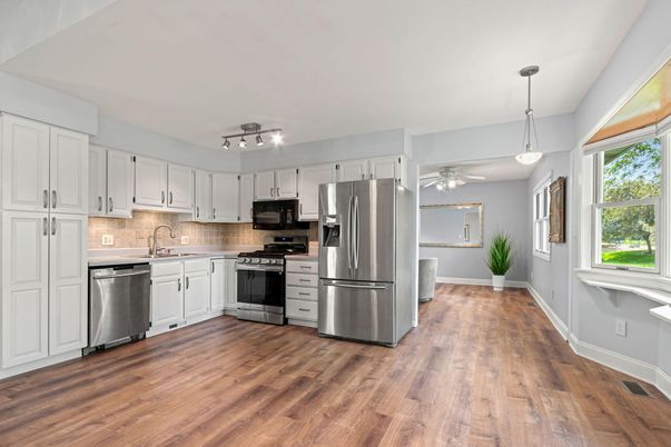 Interior, Kitchen, Pendant Lights, Stainless Steel Appliances, Wood Texture Flooring