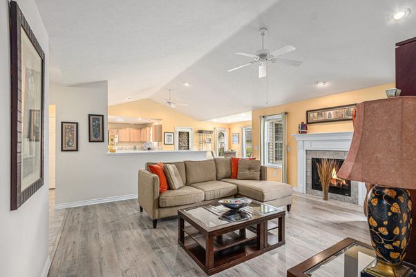 Fireplace, Interior, Living room, Recessed Lighting, Wood Texture Flooring