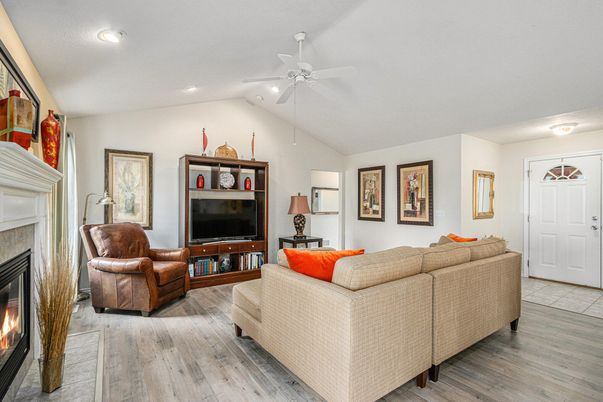 Fireplace, Interior, Living room, Recessed Lighting, Wood Texture Flooring