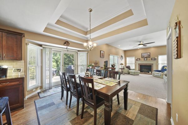 Dining room, Fireplace, Interior, Living room, Pendant Lights, Wood Texture Flooring