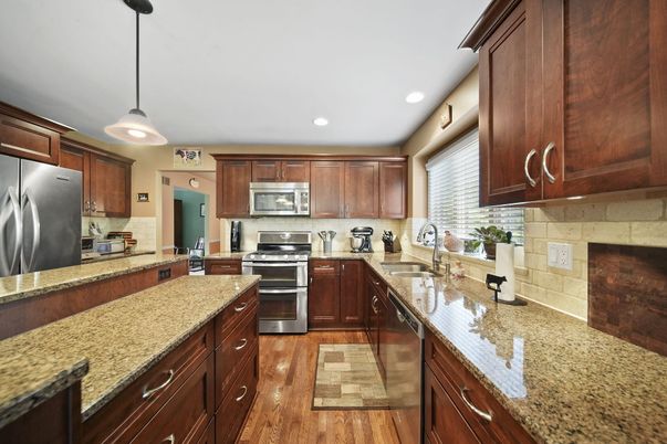Interior, Kitchen, Pendant Lights, Recessed Lighting, Stainless Steel Appliances, Wood Texture Flooring