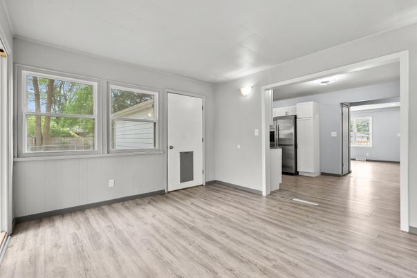 Empty room, Interior, Kitchen, Stainless Steel Appliances, Wood Texture Flooring
