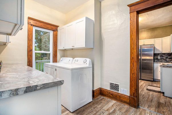 Interior, Kitchen, Stainless Steel Appliances, Washer, Wood Texture Flooring