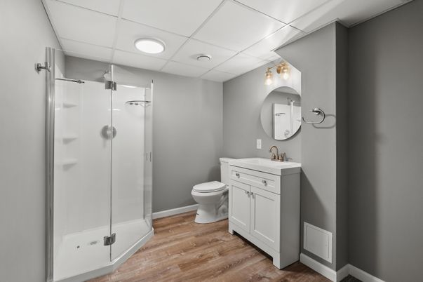 Bathroom, Glass Shower, Interior, Recessed Lighting, Wood Texture Flooring
