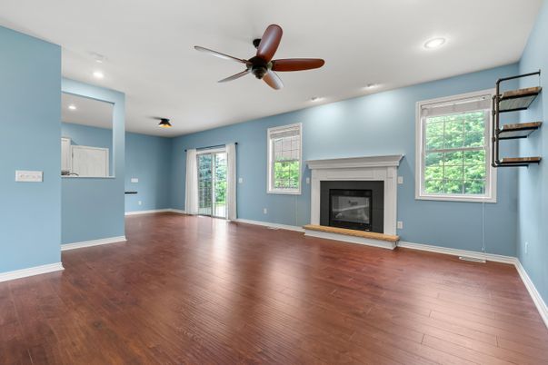 Empty room, Fireplace, Interior, Recessed Lighting, Wood Texture Flooring