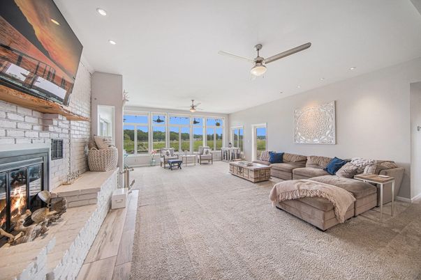 Fireplace, Interior, Living room, Recessed Lighting, Stone Walls