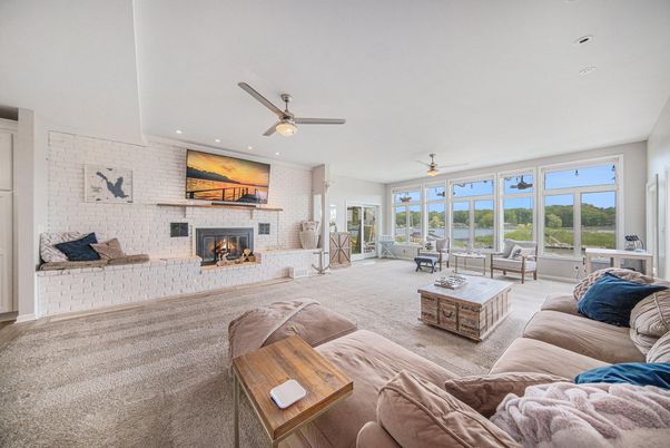 Fireplace, Interior, Living room, Recessed Lighting, Stone Walls