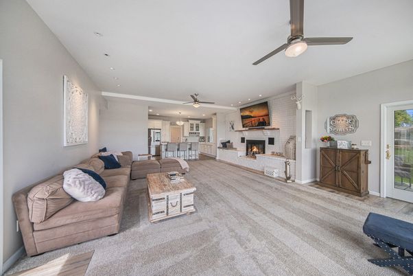 Dining room, Fireplace, Interior, Living room, Recessed Lighting, Stone Walls