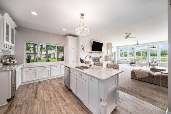 Interior, Kitchen, Pendant Lights, Recessed Lighting, Stone Walls, Wood Texture Flooring