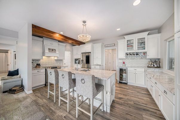 Chandelier, Interior, Kitchen, Recessed Lighting, Stainless Steel Appliances, Wood Texture Flooring