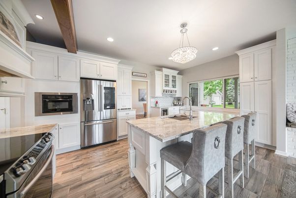 Interior, Kitchen, Pendant Lights, Recessed Lighting, Stainless Steel Appliances, Wooden Beams, Wood Texture Flooring