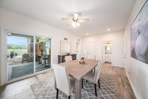 Dining room, Interior, Recessed Lighting, Wood Texture Flooring