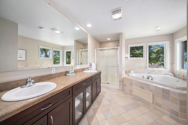 Bathroom, Dual Sink Vanities, Glass Shower, Interior, Recessed Lighting