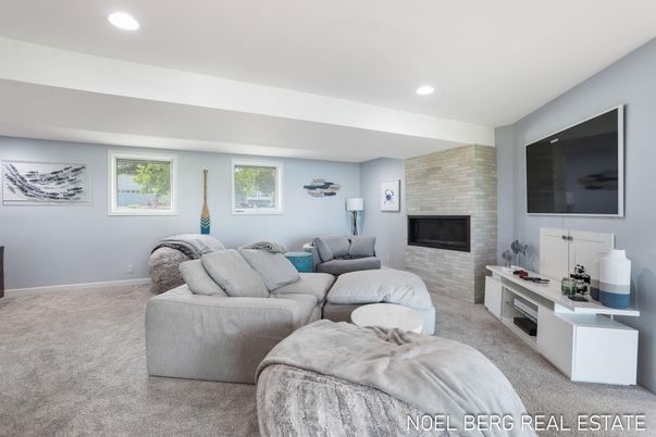 Fireplace, Interior, Living room, Recessed Lighting, Stone Walls