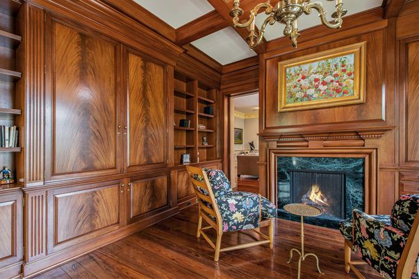 Fireplace, Interior, Recessed Lighting, Wood Texture Flooring, Wooden Walls