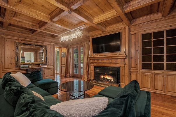 Chandelier, Fireplace, Interior, Living room, Wooden Beams, Wooden Ceilings, Wood Texture Flooring, Wooden Walls