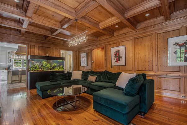 Chandelier, Interior, Living room, Recessed Lighting, Wooden Beams, Wooden Ceilings, Wood Texture Flooring, Wooden Walls