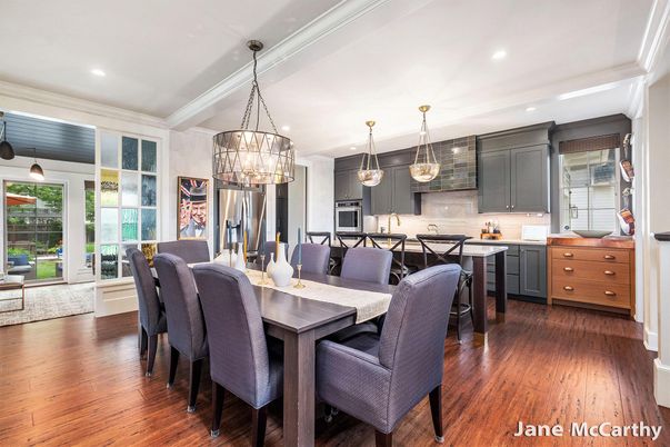 Dining room, Interior, Kitchen, Pendant Lights, Recessed Lighting, Stainless Steel Appliances, Wood Texture Flooring