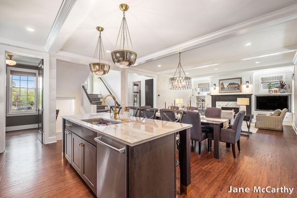 Chandelier, Dining room, Fireplace, Interior, Kitchen, Pendant Lights, Recessed Lighting, Wood Texture Flooring