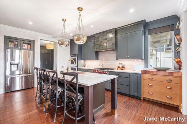 Interior, Kitchen, Pendant Lights, Recessed Lighting, Stainless Steel Appliances, Wood Texture Flooring