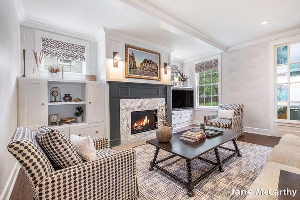 Fireplace, Interior, Living room, Recessed Lighting, Wood Texture Flooring