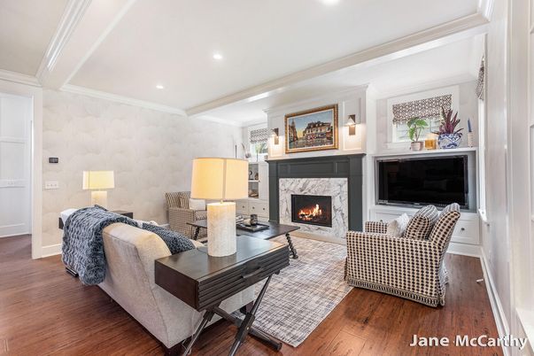 Fireplace, Interior, Living room, Recessed Lighting, Wood Texture Flooring
