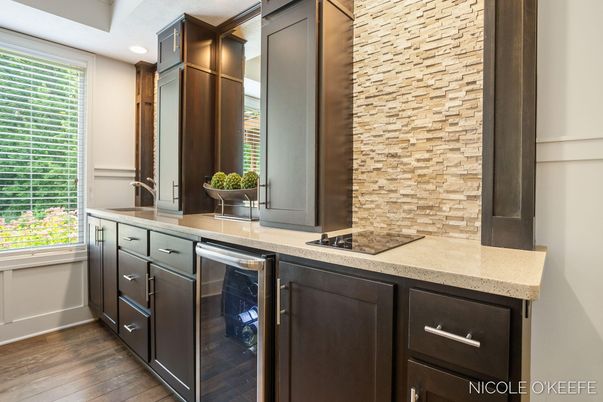 Interior, Kitchen, Recessed Lighting, Stone Walls, Wood Texture Flooring