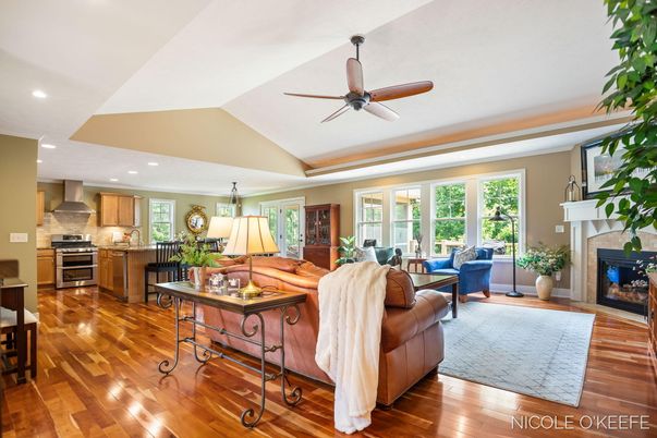 Fireplace, Interior, Kitchen, Living room, Recessed Lighting, Stainless Steel Appliances, Wood Texture Flooring