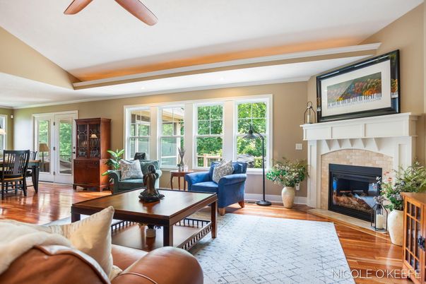 Dining room, Fireplace, Interior, Living room, Wood Texture Flooring