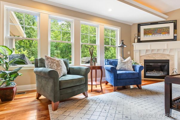 Fireplace, Interior, Living room, Recessed Lighting, Wood Texture Flooring