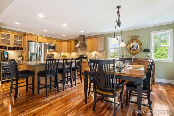 Dining room, Interior, Kitchen, Pendant Lights, Recessed Lighting, Stainless Steel Appliances, Wood Texture Flooring