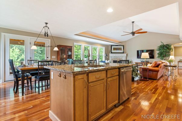 Dining room, Fireplace, Interior, Kitchen, Living room, Pendant Lights, Recessed Lighting, Wood Texture Flooring