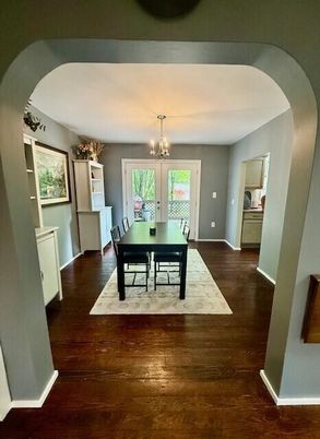 Chandelier, Dining room, Interior, Wood Texture Flooring