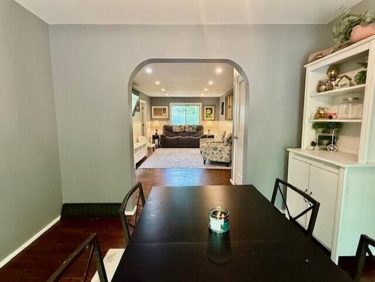 Dining room, Interior, Living room, Recessed Lighting, Wood Texture Flooring