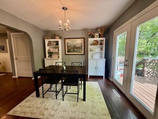 Chandelier, Dining room, Interior, Wood Texture Flooring