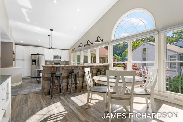 Dining room, Interior, Kitchen, Pendant Lights, Recessed Lighting, Stainless Steel Appliances, Wood Texture Flooring