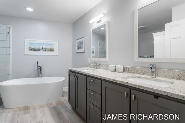 Bathroom, Dual Sink Vanities, Free Standing Baths, Interior, Recessed Lighting, Wood Texture Flooring