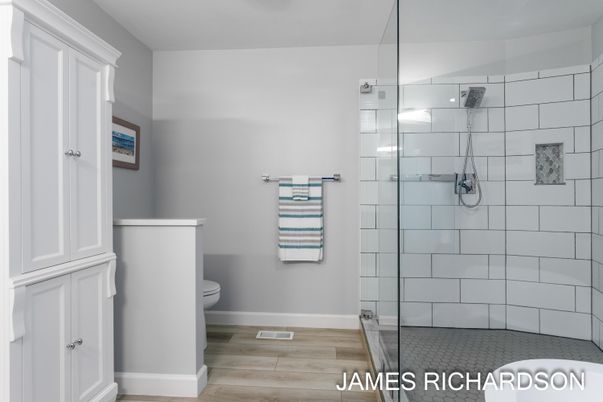 Bathroom, Glass Shower, Interior, Wood Texture Flooring