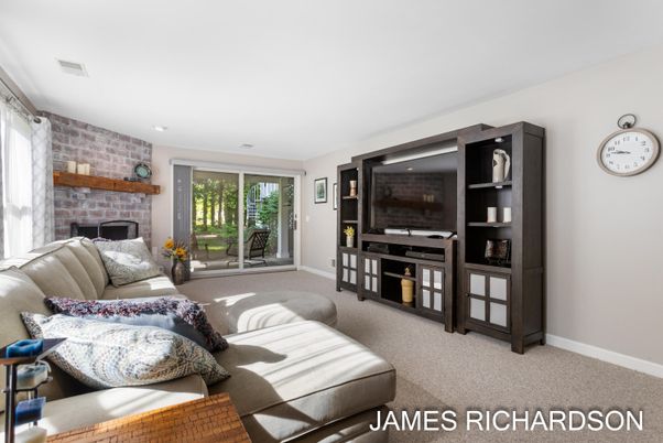 Fireplace, Interior, Living room, Recessed Lighting, Stone Walls