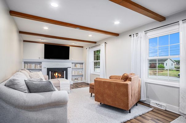 Fireplace, Interior, Living room, Recessed Lighting, Wooden Beams, Wood Texture Flooring