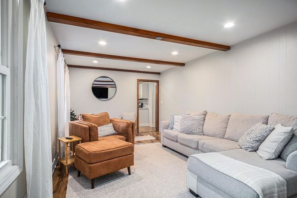 Interior, Living room, Recessed Lighting, Wooden Beams, Wood Texture Flooring