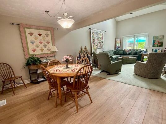 Dining room, Interior, Living room, Pendant Lights, Wood Texture Flooring
