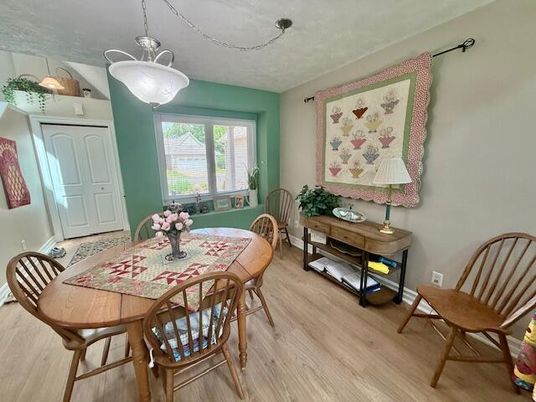 Dining room, Interior, Pendant Lights, Wood Texture Flooring