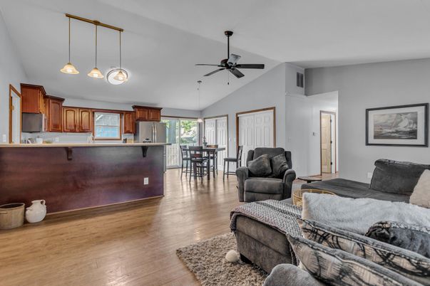 Dining room, Interior, Kitchen, Living room, Pendant Lights, Wood Texture Flooring