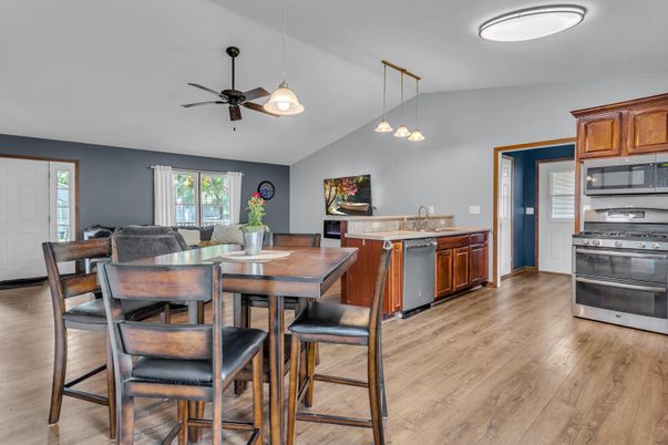 Dining room, Interior, Kitchen, Pendant Lights, Stainless Steel Appliances, Wood Texture Flooring