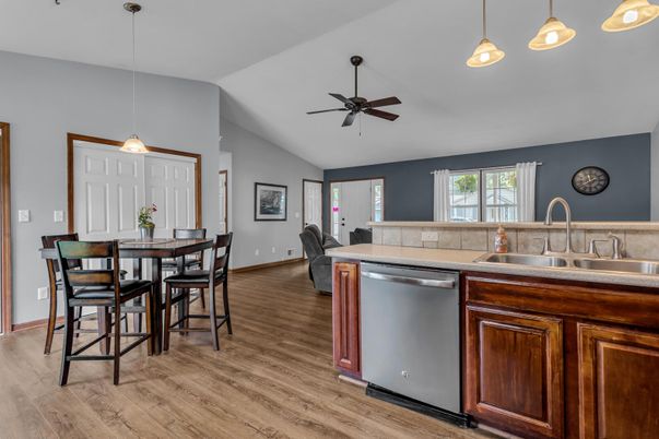 Dining room, Interior, Kitchen, Pendant Lights, Wood Texture Flooring