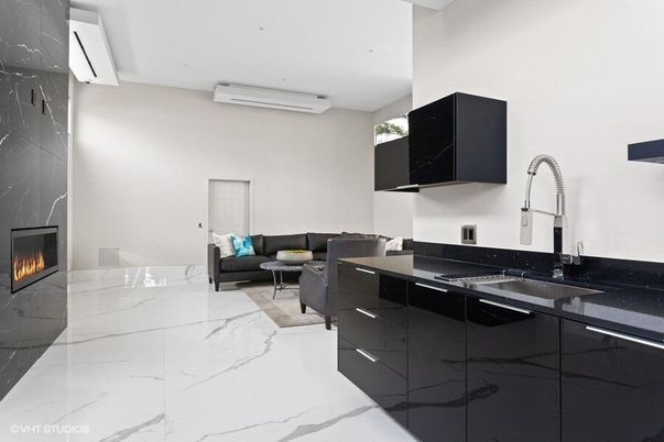 Fireplace, Interior, Kitchen, Living room, Marble, Recessed Lighting