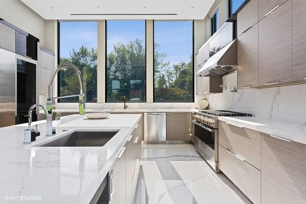 Interior, Kitchen, Marble, Recessed Lighting, Stainless Steel Appliances